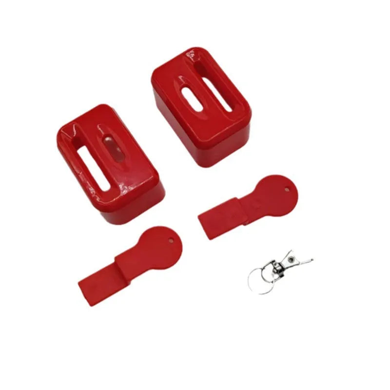 Black plastic seat belt lock protective device clipped onto vehicle seat belt buckle