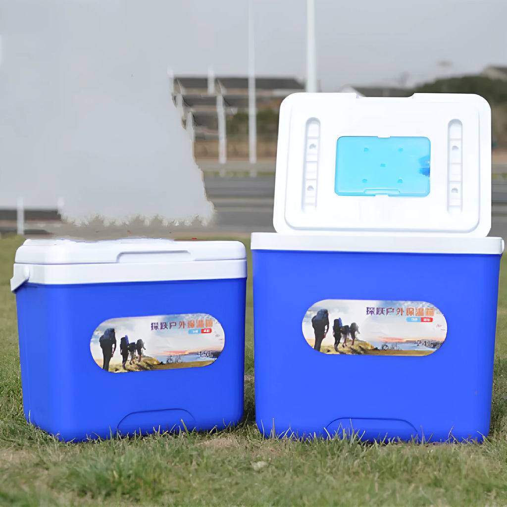 Blue aluminium foil portable insulated cooler with lid for outdoor use.