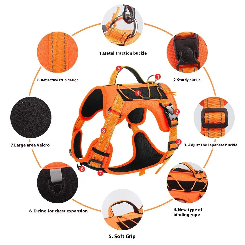 Orange reflective dog harness with an integrated black hand holding rope leash and explosion-proof breast strap.