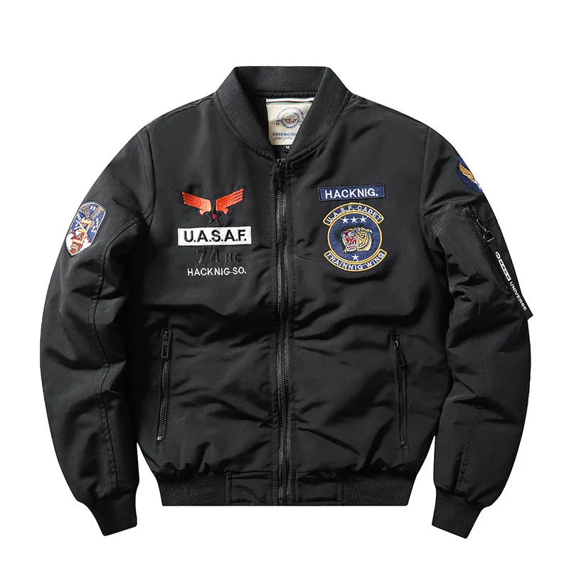 Men's slim-fit stand collar Harley retro embroidery cotton-padded coat in black.