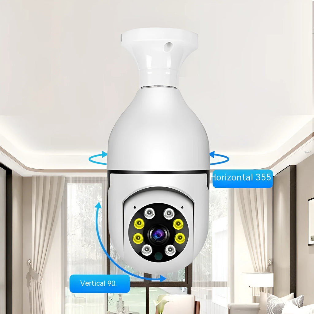Wireless WiFi bulb security camera with plastic and metal housing measuring 5cm by 12cm