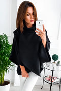 Long black women's cardigan sweatshirt with batwing sleeves and decorative stitching, shown open over a top.