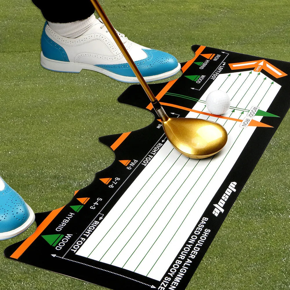 Black neoprene golf swing posture training pad with alignment markings for stance correction.