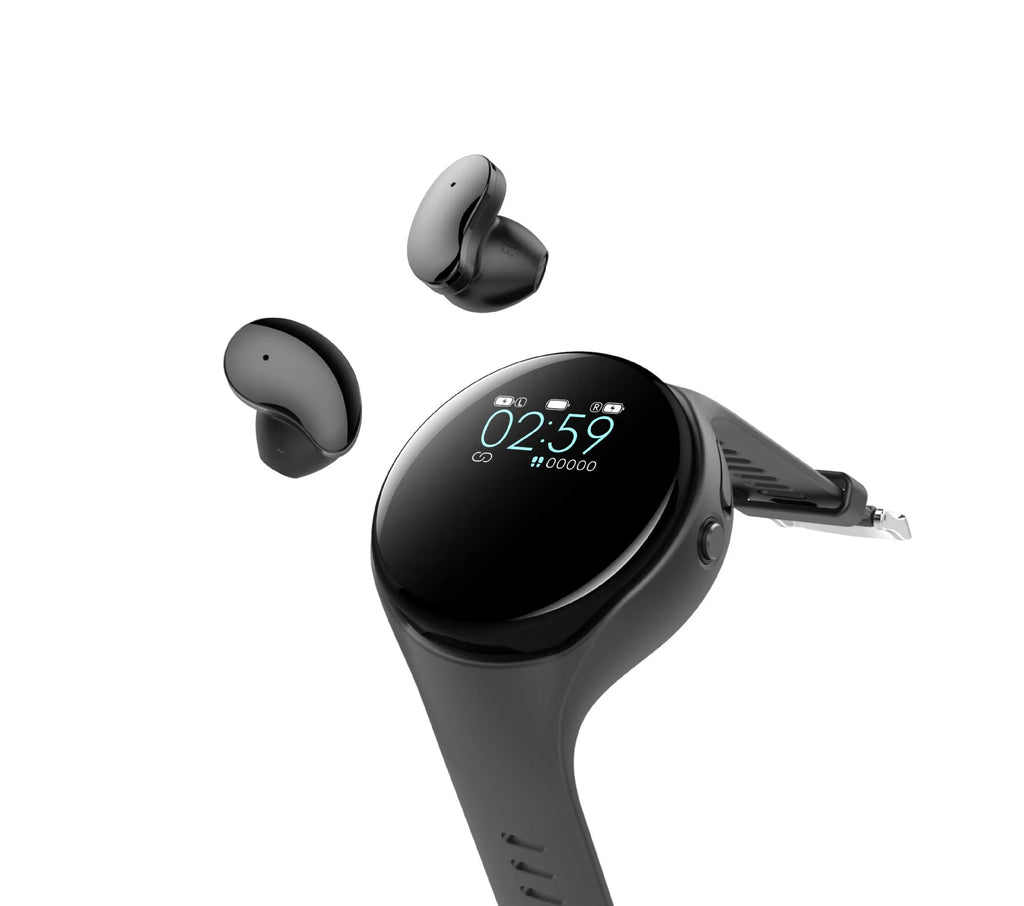 Black smart bracelet with detachable Bluetooth earphones showing colour screen display