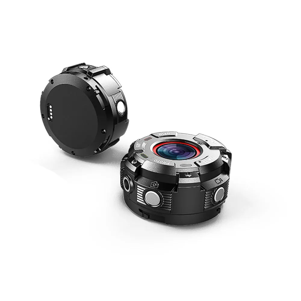 Black waterproof sports digital camera with compact design showing dimensions and SD card slot