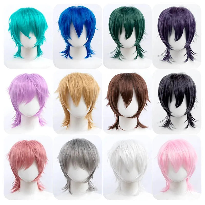 Men's short anime cosplay wig in multiple colours made from heat-resistant synthetic fibre