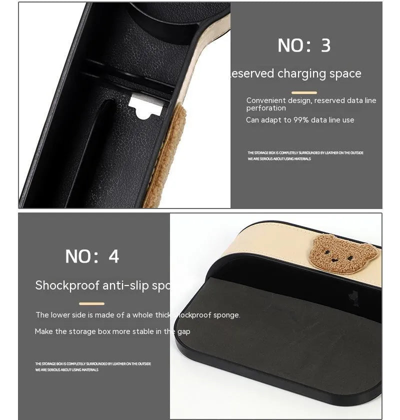 Leather car seat gap storage box with cartoon bear design for organising phones and keys.
