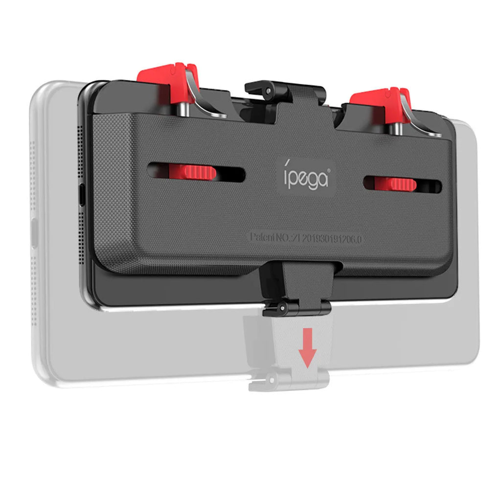 Black PG-9137 mobile phone gaming trigger bracket with adjustable metal trigger and telescopic clamping arm.