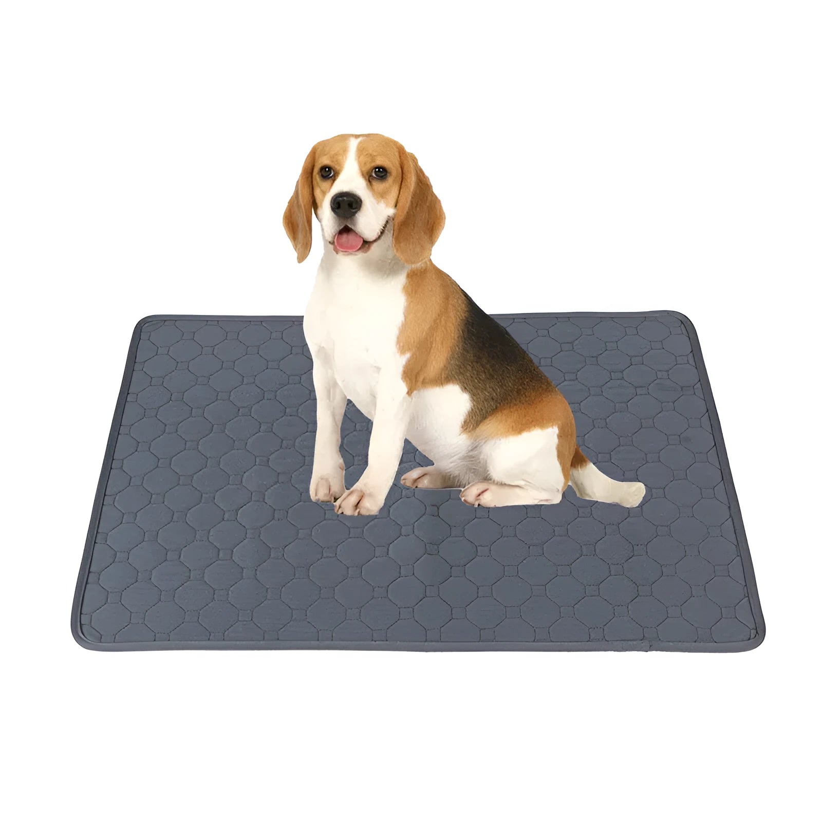 Grey and khaki washable waterproof dog pee pads on a wooden floor.