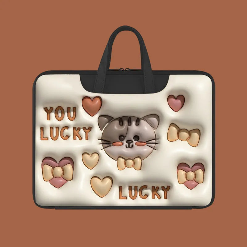 Inflatable PU leather laptop bag with cartoon print hanging from a suitcase handle