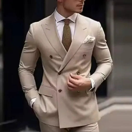 Men's slim fit two-piece suit in a cotton blend fabric, shown in a light business or banquet setting.