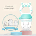 A blue silicone baby teether with three interconnected textured mouthpieces for chewing.