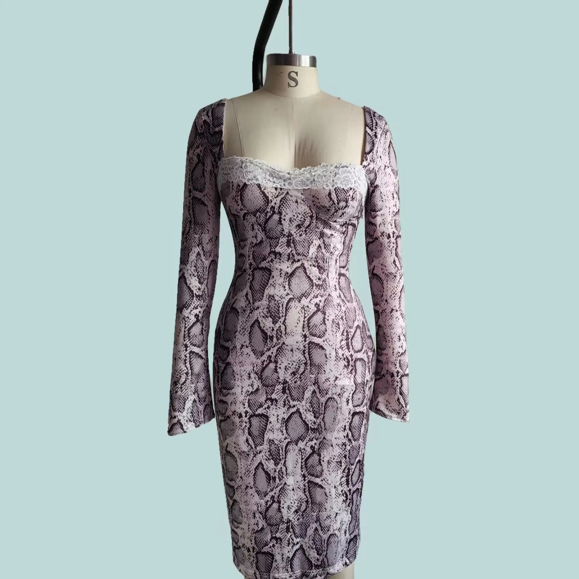 Grey digital printed slim fit dress with 3D pattern, A-line skirt and long sleeves