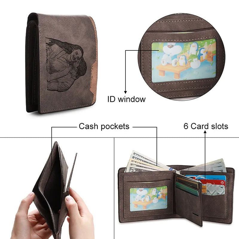 Coffee-coloured engraved horizontal short wallet showing personalised photo engraving and seven card slots