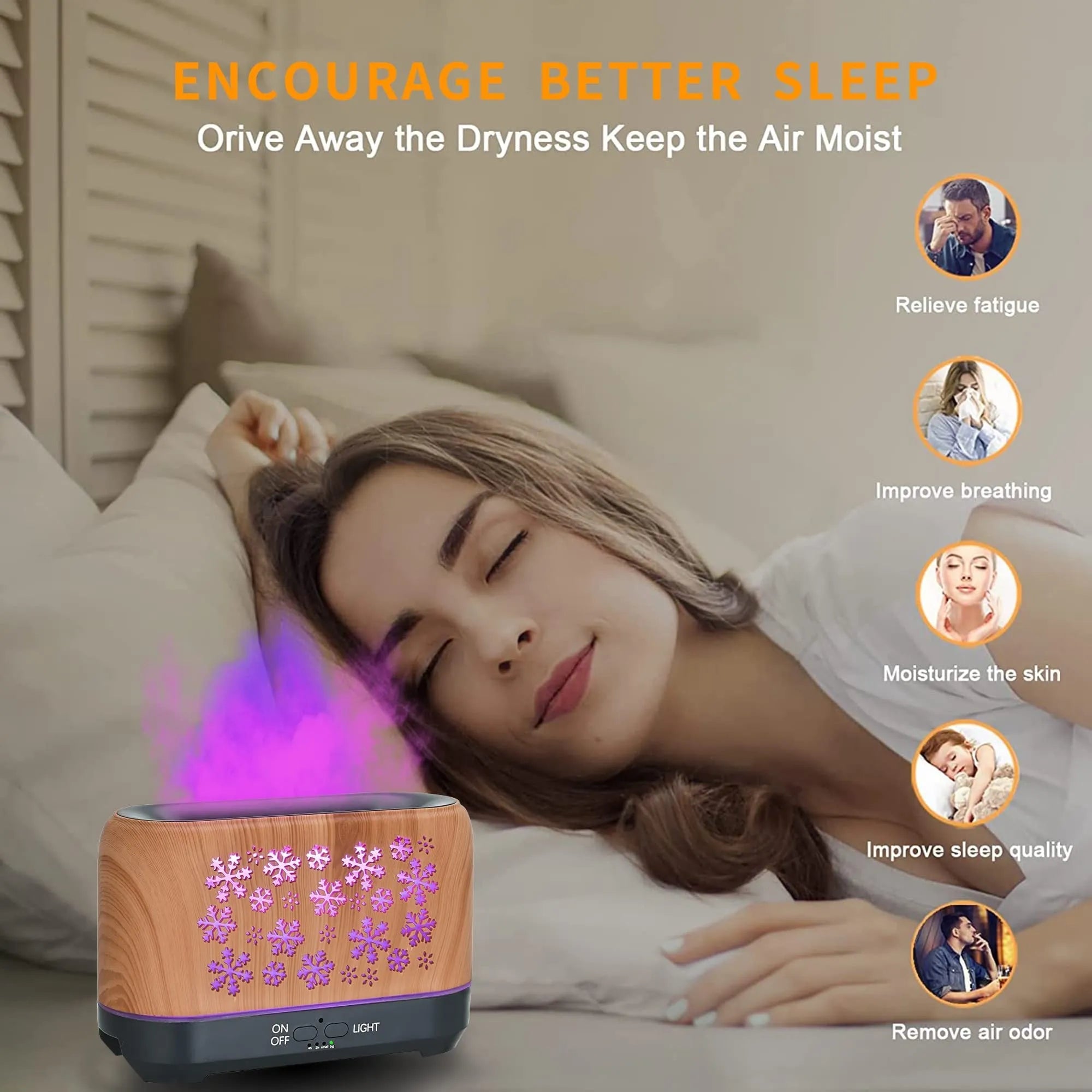 Square snowflake pattern humidifier with colourful flame effect and remote control on desktop