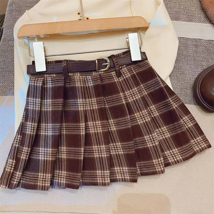 Girls' cotton blend plaid pleated A-line skirt for spring and autumn casual wear