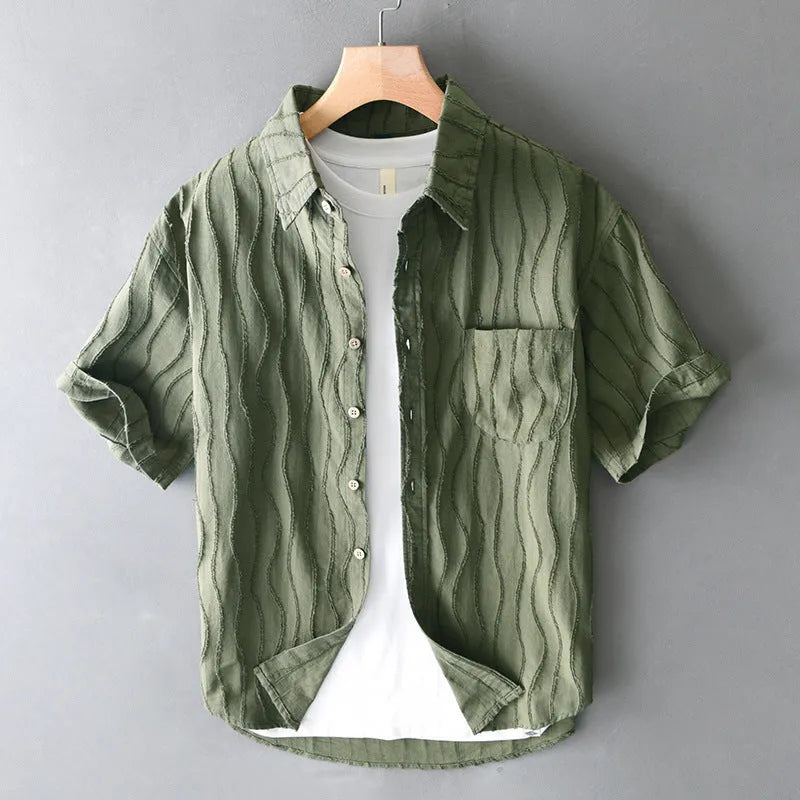 Men's pure cotton short sleeve casual shirt in Japanese fresh style, loose fit, apricot colour option