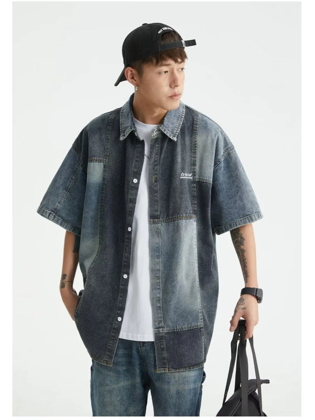 Blue Japanese-style retro denim shirt with washed stitching details, loose cardigan fit