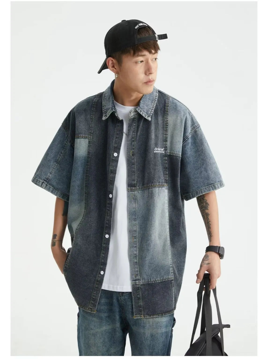 Blue Japanese-style retro denim shirt with washed stitching details, loose cardigan fit