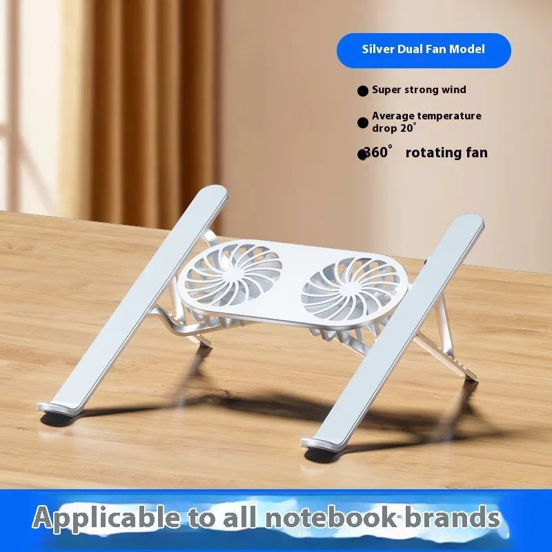 Aluminium alloy portable notebook stand with twin cooling fans in folded position