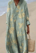 Women's long sleeve floral 3D printed shirt dress with a wide waist, shown in a casual setting.