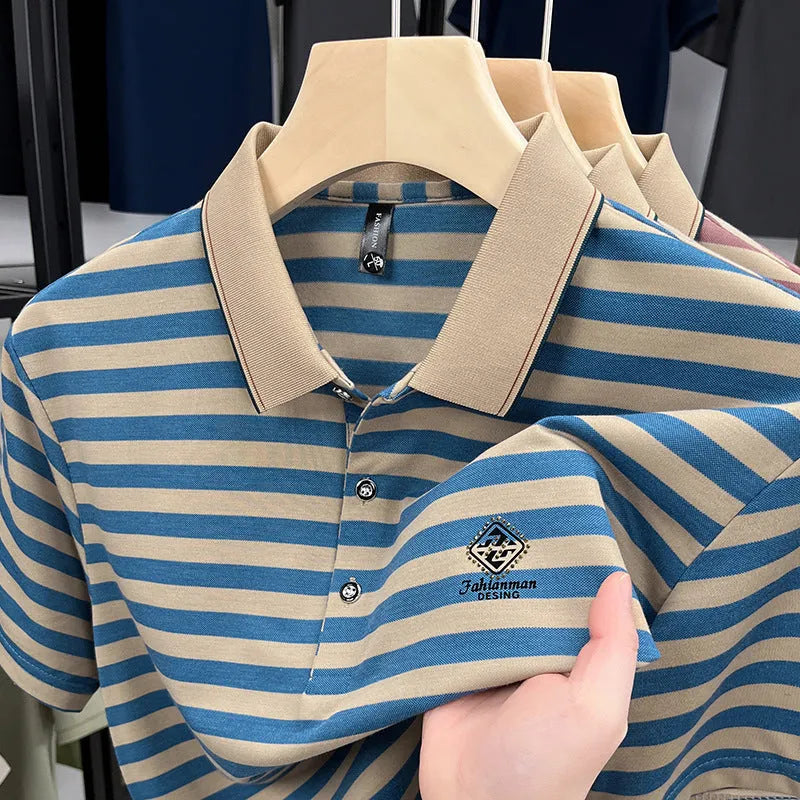 Men's striped casual short sleeve T-shirt in polyester showing mosaic pattern detail.