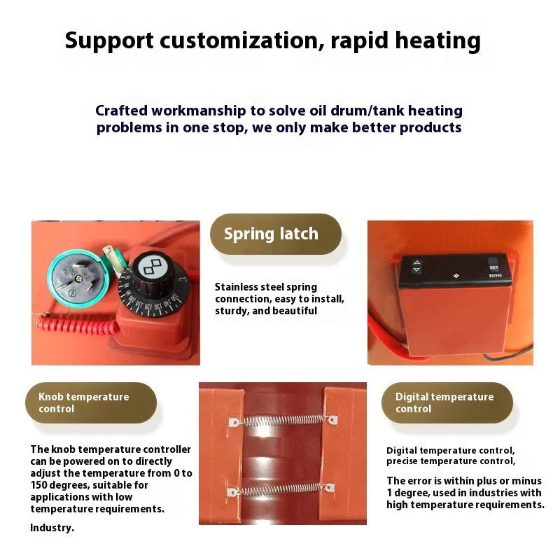 Silicone rubber heating belt wrapped around 200-litre oil drum with control interface