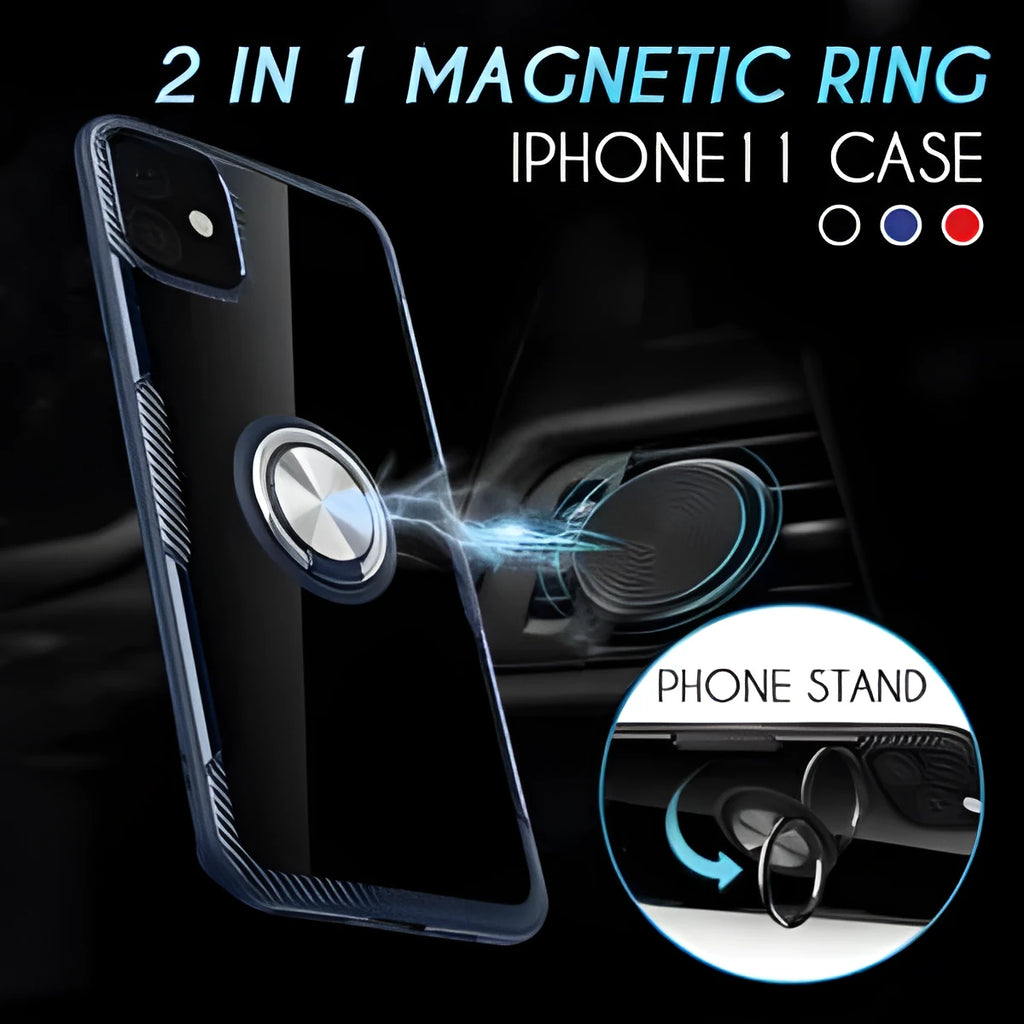 Black iPhone case with a built-in car holder arm on the back, shown next to a phone