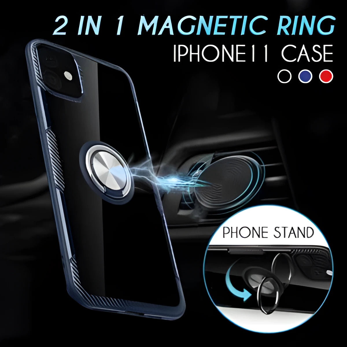 Black iPhone case with a built-in car holder arm on the back, shown next to a phone
