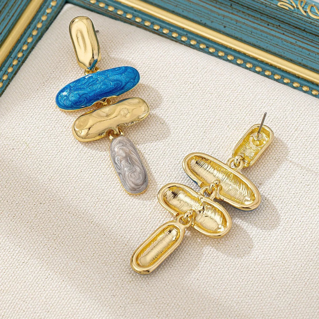 Geometric stud earrings with multicolour electroplated finish on zinc alloy