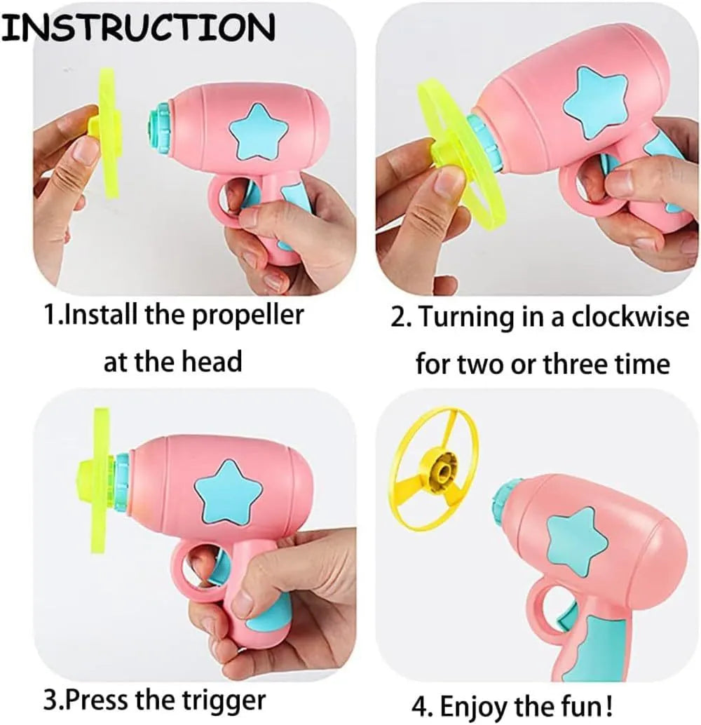 Blue or pink plastic cat toy gun with frisbee, showing compact size for indoor cat play.