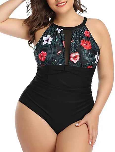 Women's solid colour one-piece swimsuit with lace detail, available in black, stripes, and red flower patterns.