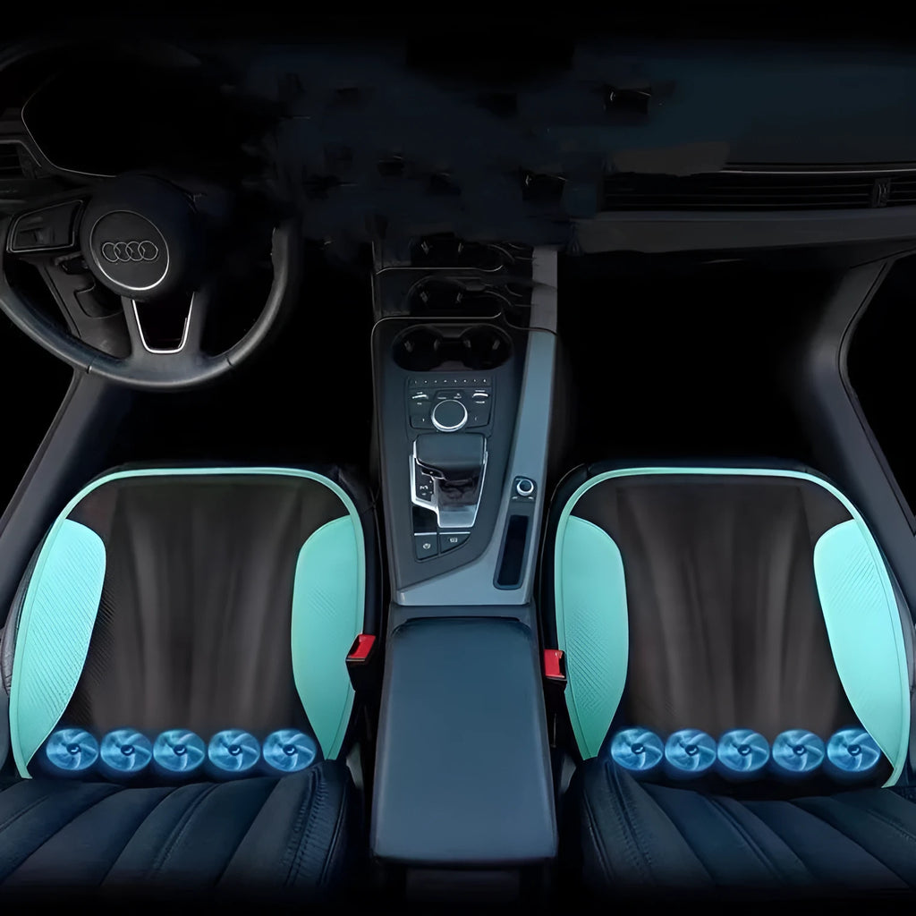 Black USB ventilated car seat cushion with cooling fans on a car seat