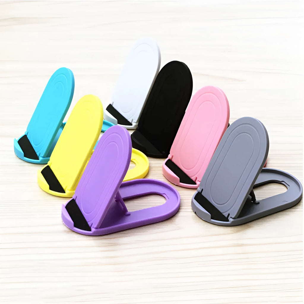 Plastic lazy bracket mobile phone stand showing 360-degree rotation adjustment in multiple colour options