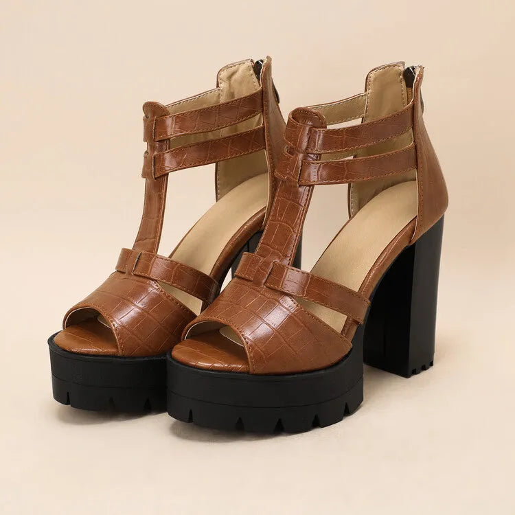 Casual platform high heel sandals with a back zipper, shown in black, wine red, and yellow colours.