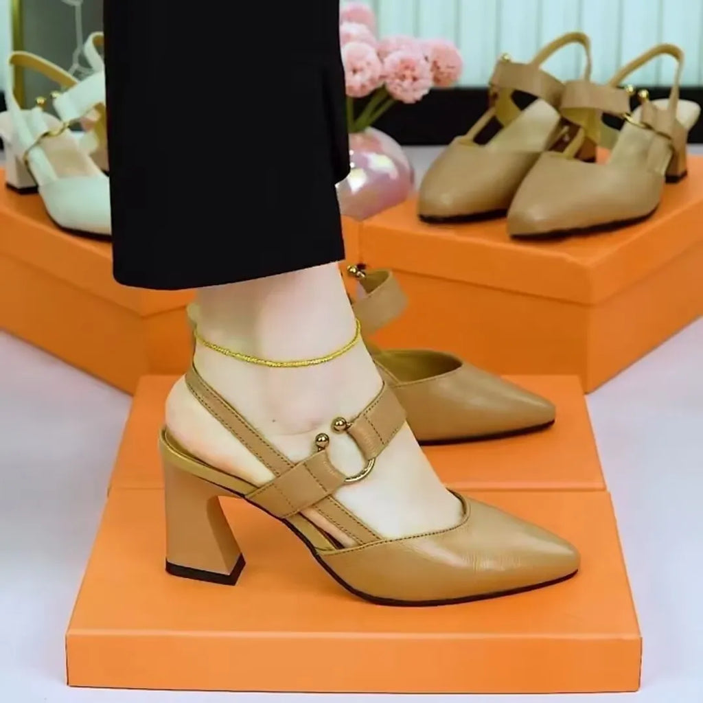 Women's apricot leather sandals with a closed toe, chunky heel, and an oversleeve back strap.