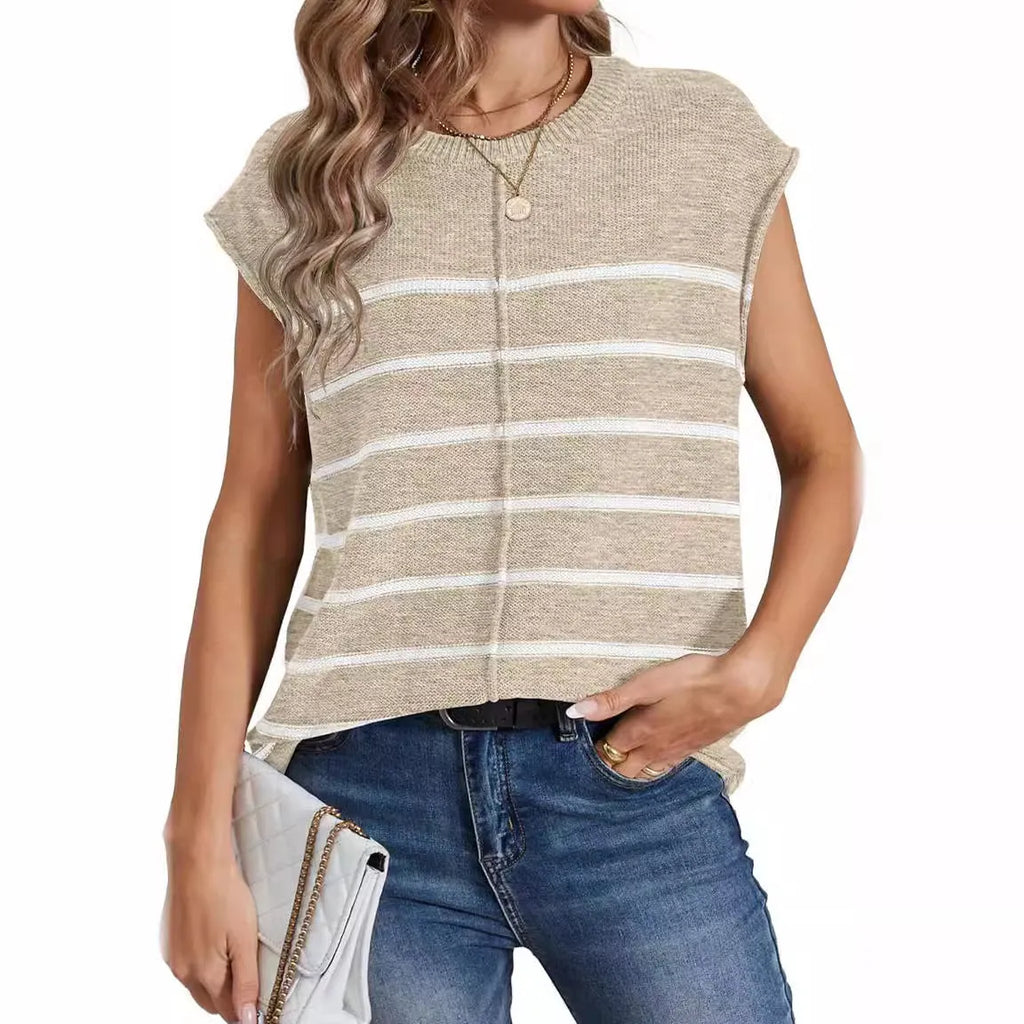 Women's striped sleeveless pullover casual top with bone stitching detail on a hanger