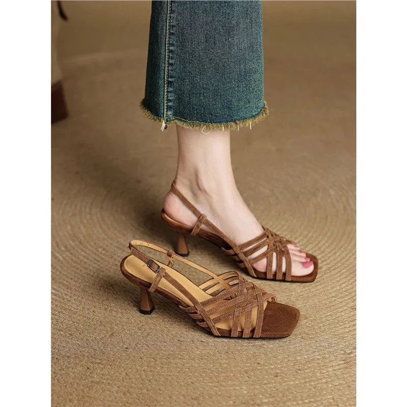 Retro-style women's ankle buckle high heel sandals with square toe and mid heel, shown in a neutral colour.