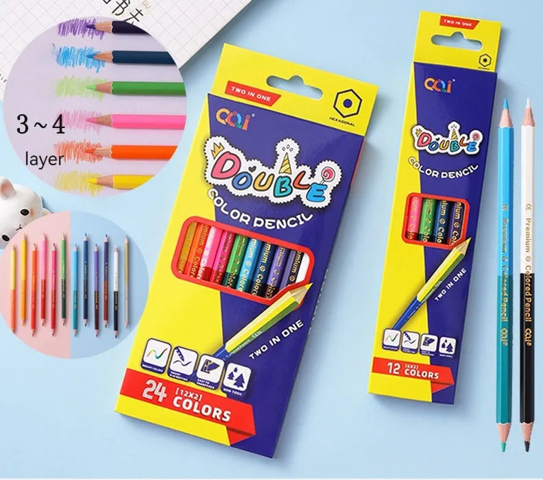 Wooden double-head colour pencil set for drawing, showing 12-piece and 6-piece configuration options.