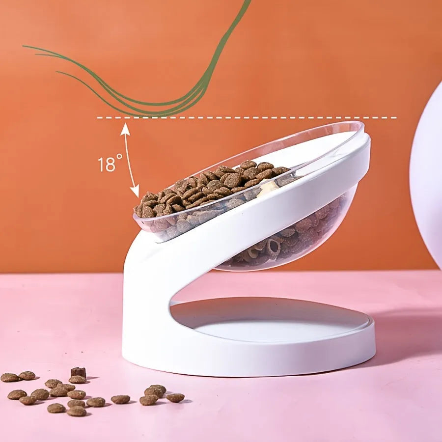 White elevated cat food bowl with tilted anti-vomit design for ergonomic feeding
