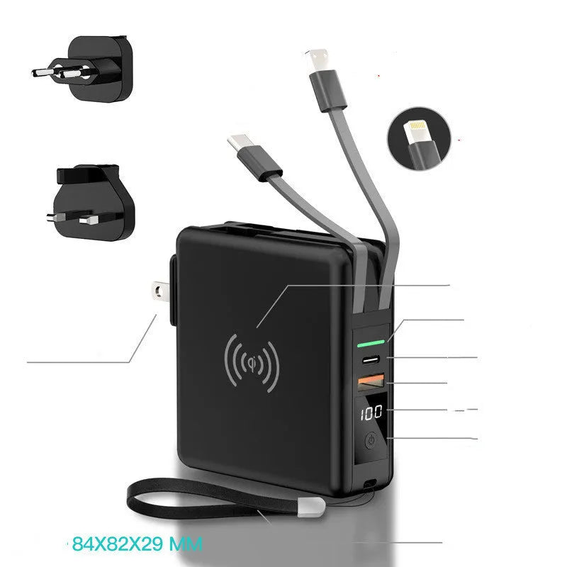 Super QI wireless charging power bank with folding AC plug in black or white colour