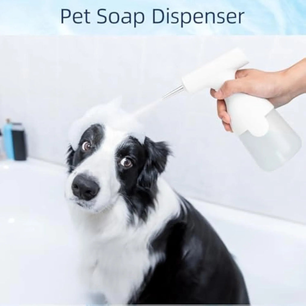 White electric foam soap dispenser with USB cable and nozzle attachments for pet and home cleaning