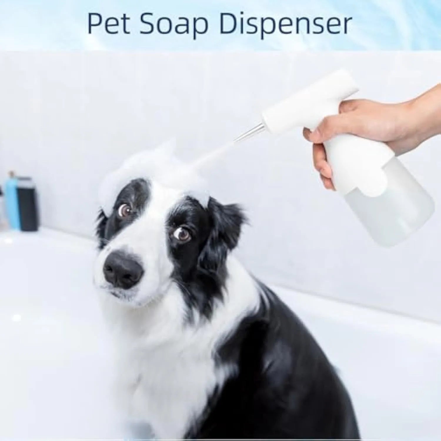 White electric foam soap dispenser with USB cable and nozzle attachments for pet and home cleaning