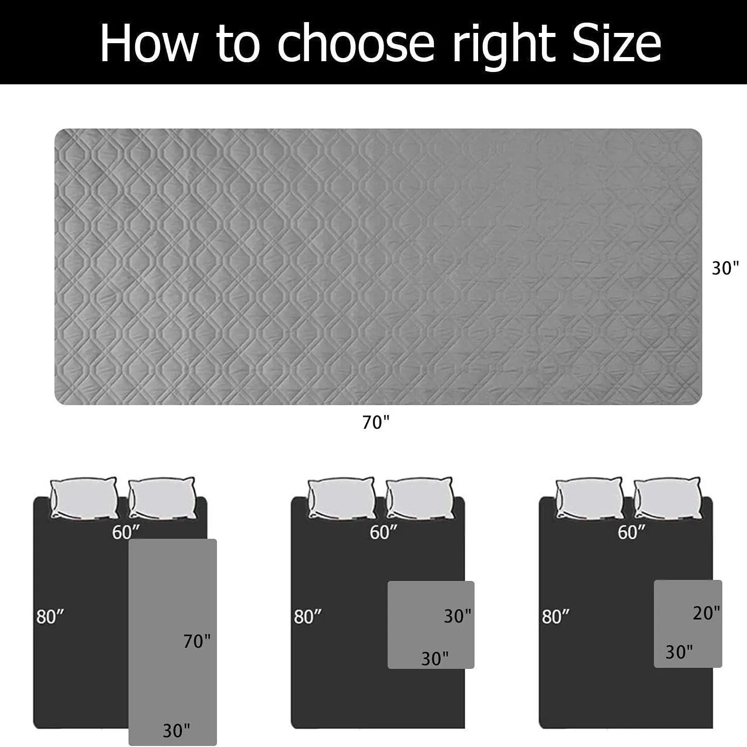 Reversible waterproof dog blanket on sofa showing two colour options with multiple size measurements