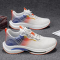 Men's white and blue mesh sneaker with rotating buckle and rubber sole on a plain background.
