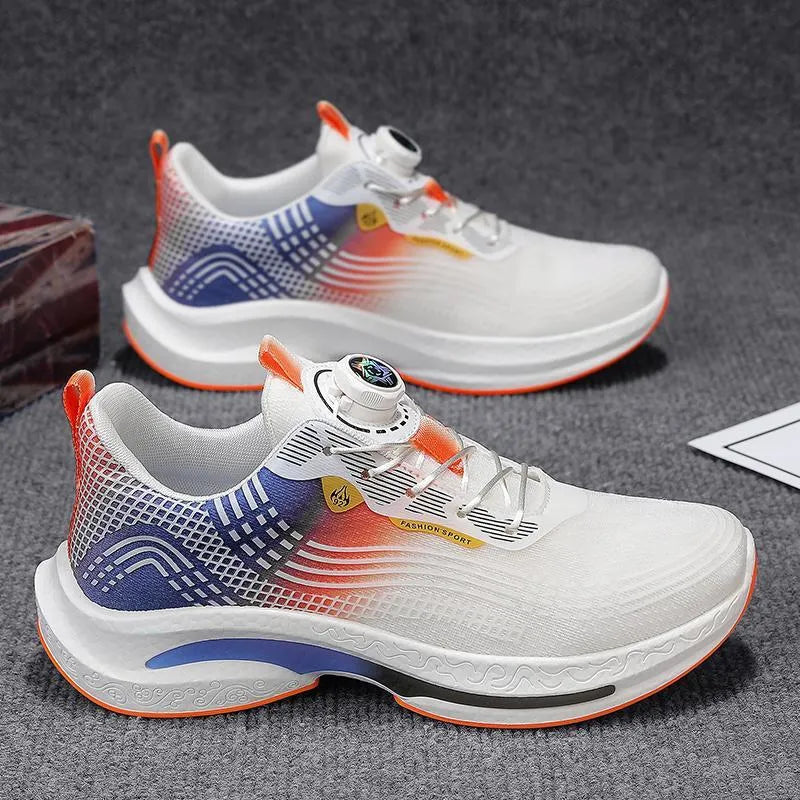 Men's white and blue mesh sneaker with rotating buckle and rubber sole on a plain background.