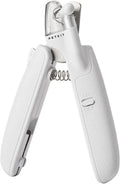 White LED pet nail clipper with a transparent anti-splash guard and a nail file on a white background.