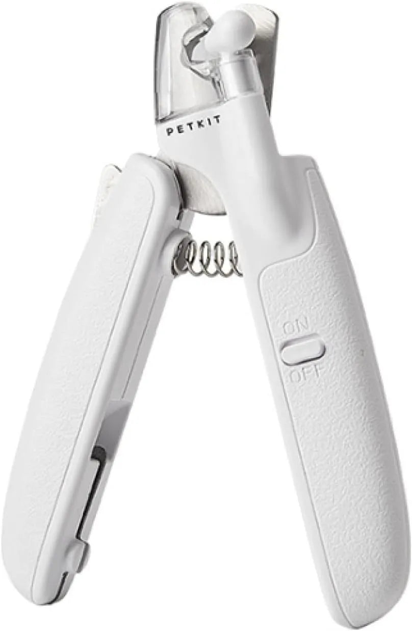 White LED pet nail clipper with a transparent anti-splash guard and a nail file on a white background.
