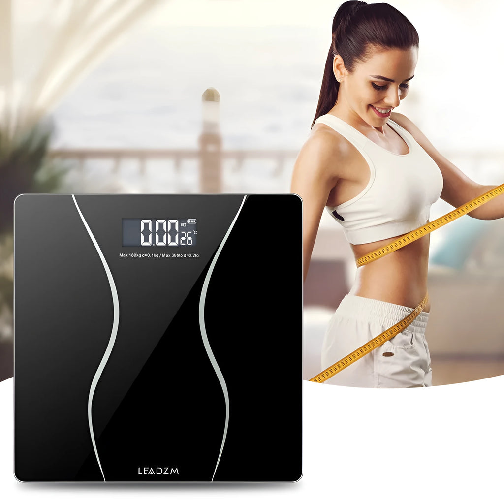 Black electronic bathroom scale with digital display for weight measurement up to 180kg