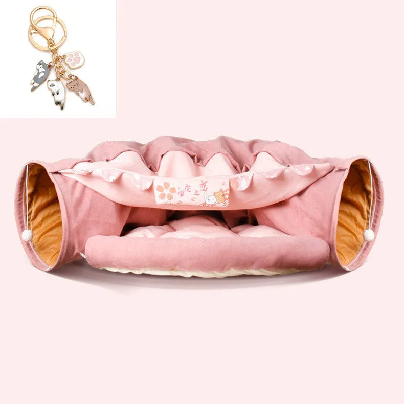 Collapsible cloth cat tunnel in choice of bar, coffee, matcha, or pink colours, shown folded and unfolded